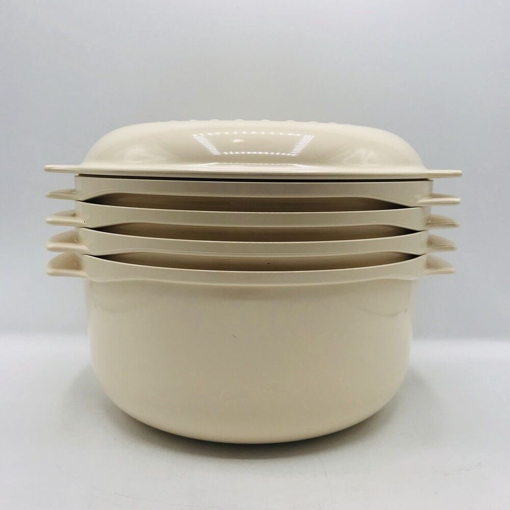 Tupperware Stack Cooker Almond Beige 3, 1 3/4, 1 Quart, Steamer, Lid 5Pc Lot